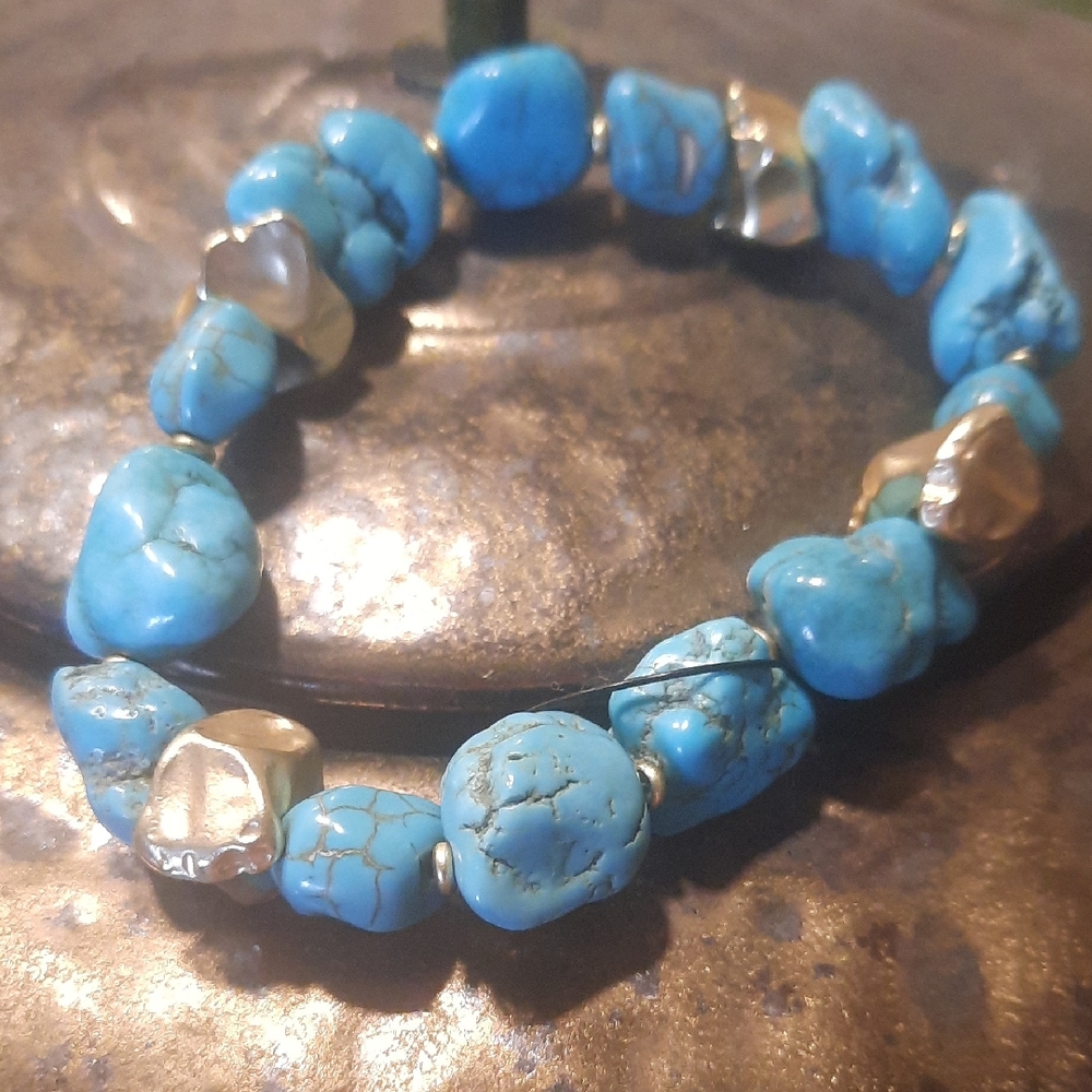 Genuine Turquoise Stones and Gold Tone Beaded Bracelet
